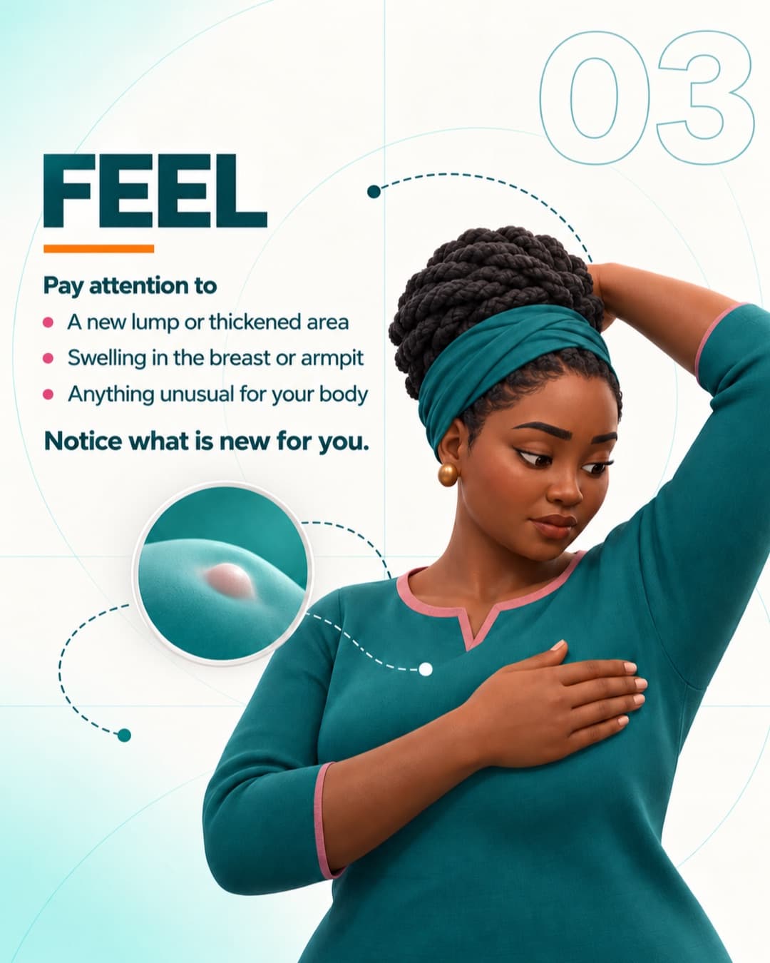 Feel: illustrated woman checking her breast, with guidance on new lumps, thickening and swelling.